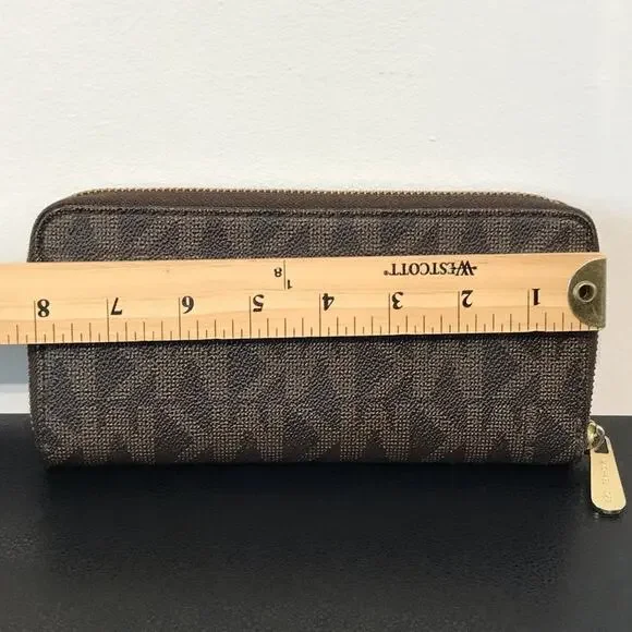 Michael Kors Jet Set Brown MK Signature Logo Large Zip Wallet Clutch - Picture 14 of 16